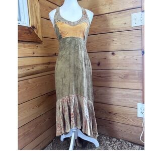 Vintage Boho Patchwork Midi Dress Ruffle Hem Smocked Back Earthy Festival Medium